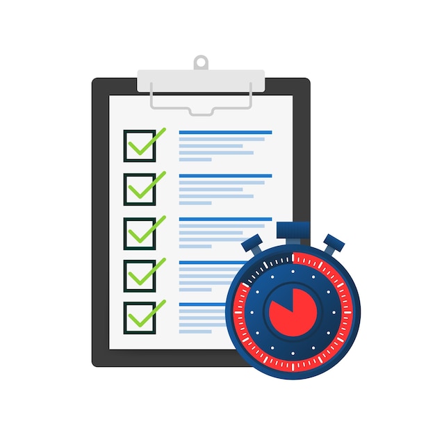 Vector encuesta rápida ícono de credencial lista de control y cronómetro aplicación de examen signo de encuesta rápida