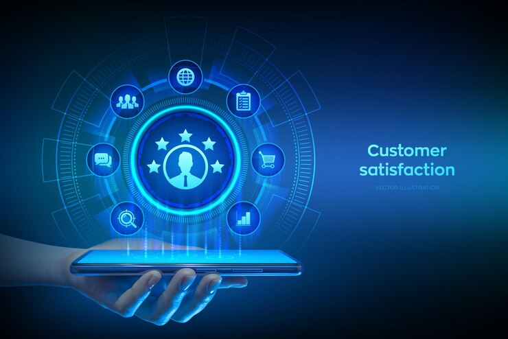 Vector encuesta de satisfacción del cliente y análisis de retroalimentación utilizando tecnología de ia y automatización en marketing para el servicio al cliente smartphone en manos utilizando smartphone ilustración vectorial