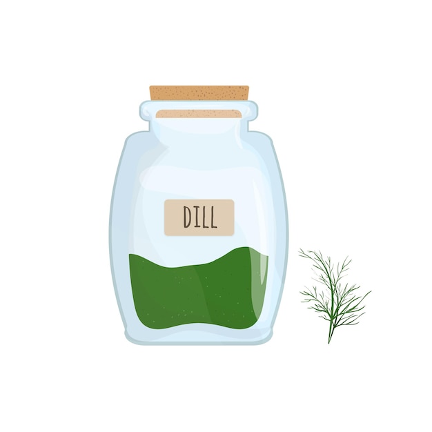 Eneldo seco almacenado en frasco de vidrio aislado sobre fondo blanco. Hierbas aromáticas, especias o condimentos alimentarios, ingrediente de cocina en recipiente transparente cerrado. Ilustración de vector colorido.