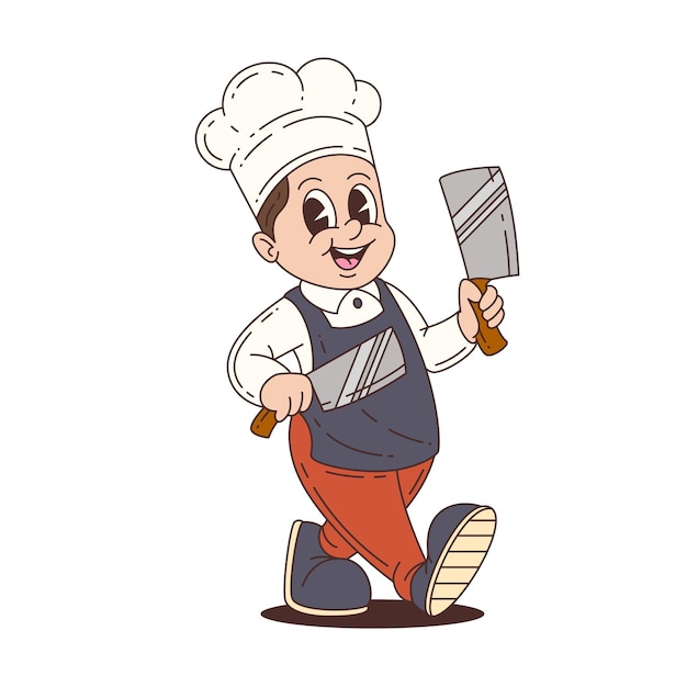 Energético personaje de mascota de chef corriendo con cuchillo en delantal y sombrero para proyectos de diseño de alimentos