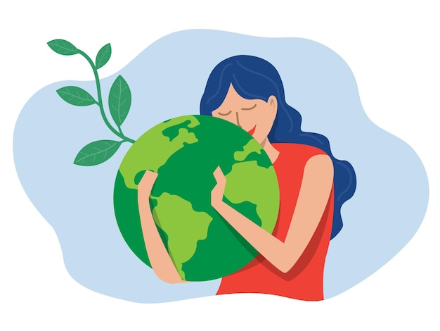 Vector energía ecológica verde del día mundial de la tierra, mujer joven abrazando el planeta tierra con el día mundial de la tierra