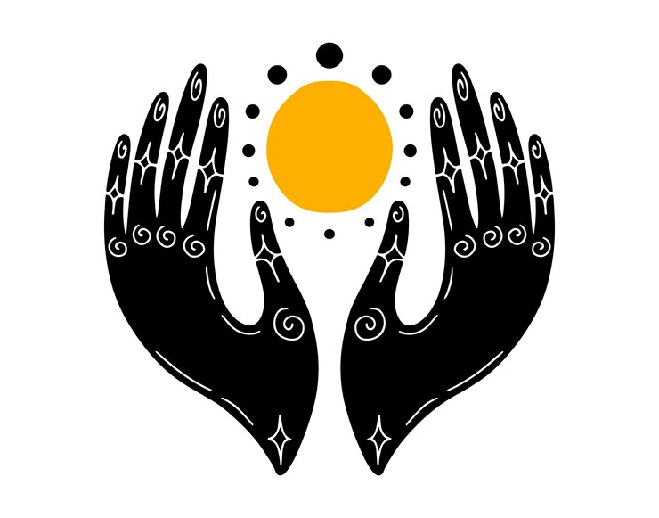 Vector energía de meditación o terapia de reiki dibujo a mano icono dibujado a mano o emblema logotipo dibujo energía manos mágicas línea clipart símbolo