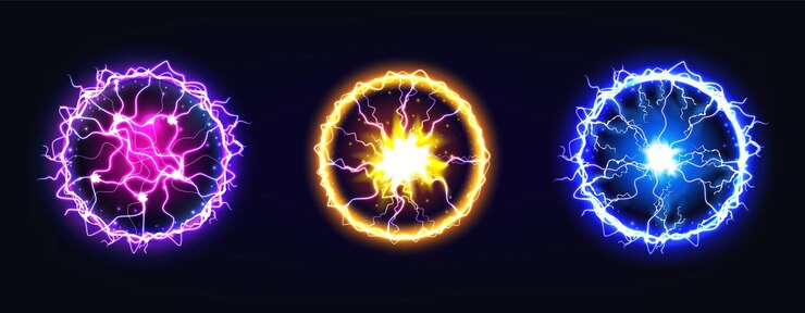 Vector energía relámpago de bola círculo eléctrico efecto estallido poder mágico luz de esfera chispa de explosión brillo rojo relámpago abstracto de trueno explosión de plasma púrpura conjunto de elementos amarillos vectoriales
