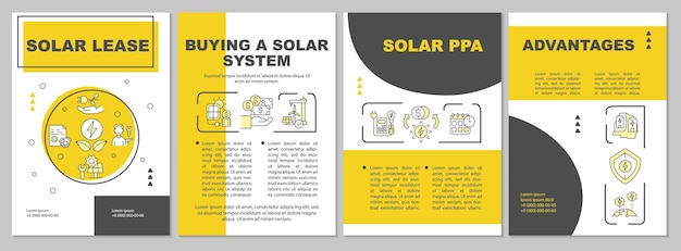 Energía solar obteniendo formas plantilla de folleto amarillo energía sostenible diseño de folleto con iconos lineales 4 diseños vectoriales para presentación de informes anuales fuentes arial myriad proregular utilizadas