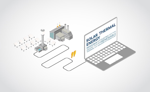 Energía solar térmica, planta de energía solar térmica en gráfico isométrico