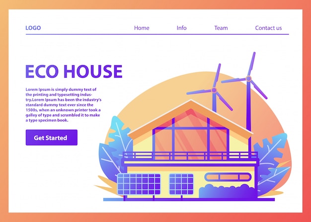 Energía verde, una casa americana suburbana ecológica. Paneles solares, turbina eólica. Fachada de la casa familiar. Energía renovable.