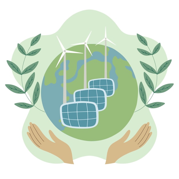 Energía verde planeta Tierra en manos seguras ecología EGS paneles solares y turbinas eólicas El concepto de desarrollo sostenible Vector