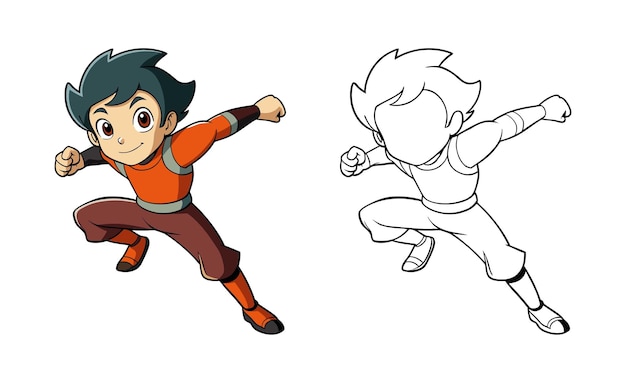 Enérgico niño de dibujos animados en la postura de artes marciales