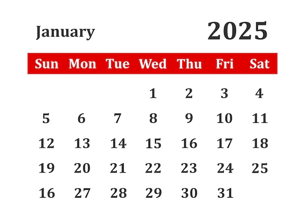 Enero 2025 Calendario Imprenta plantilla vectorial Ilustración del planificador de negocios