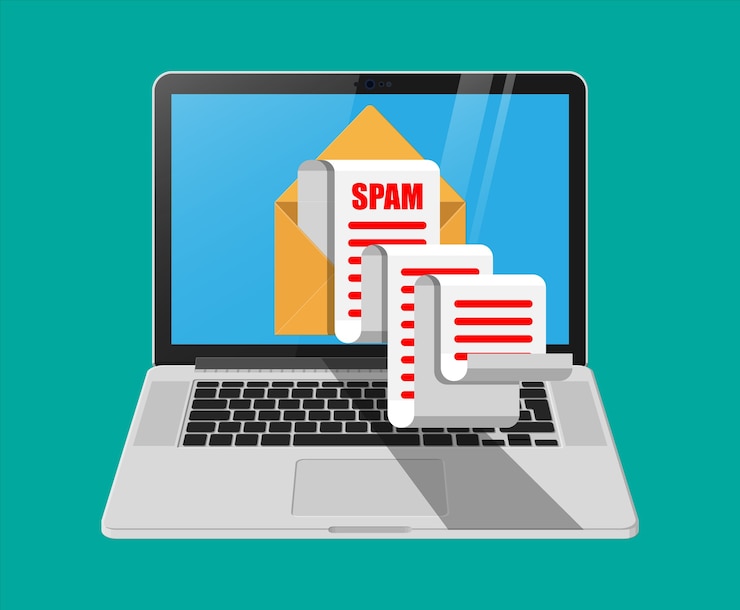 Vector enevelope de papel amarillo y correo no deseado en la pantalla del portátil. correos electrónicos largos. hackeo de buzones de correo electrónico, advertencia de spam, virus y malware, seguridad de la red.