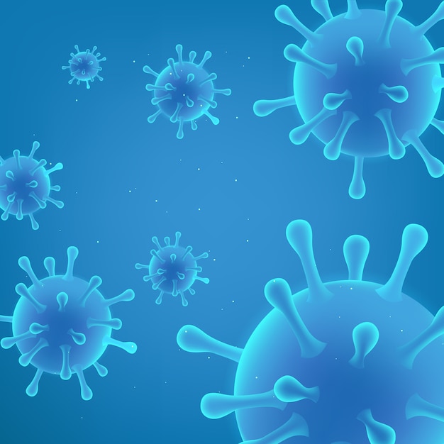 Enfermedad por coronavirus COVID-19 infección médica. Células del virus Covid fondo azul.
