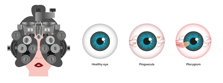 Vector enfermedad ocular de pterigión levantada libre del ojo y cita de optometría extirpada