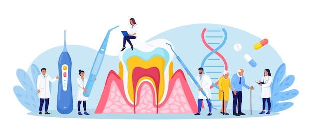 Vector enfermedad periodontal médico dentista revisando el diente examina al paciente con periodontitis odontología y dientes sanos higiene cuidado bucal estomatología chequeo médico dental enfermedad inflamatoria de las encías