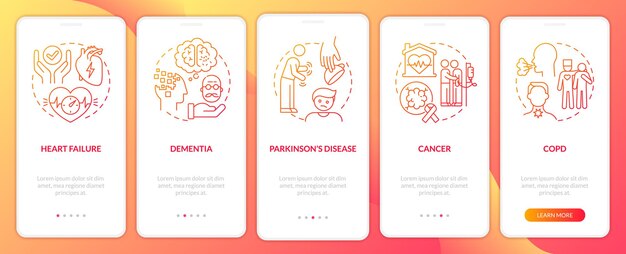 Enfermedades cuidados paliativos necesitan degradado rojo onboarding mobile app screen Tutorial 5 pasos páginas de instrucciones gráficas con conceptos lineales UI UX GUI plantilla Myriad ProBold Fuentes regulares utilizadas