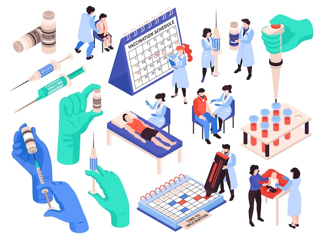 Enfermedades infecciosas virussen estrategia de vacunación conjunto isométrico con planificación de horarios manos enguantadas jeringa llenado inyección vector ilustración