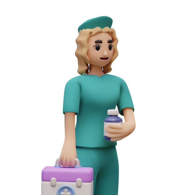 Enfermera en 3D en uniforme Asistente de trabajador médico con medicamentos