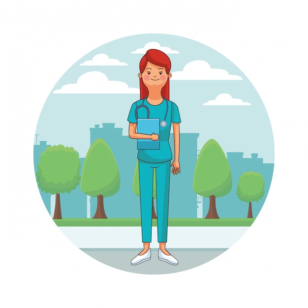 Enfermera aislada avatar paisaje urbano redondo icono
