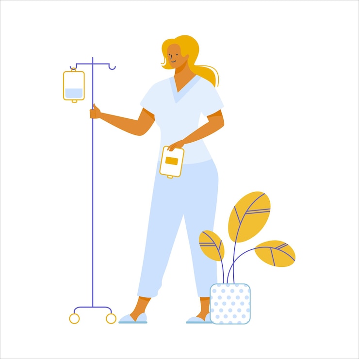Vector enfermera con bolsa intravenosa. ilustración vectorial de estilo plano aislada sobre fondo blanco