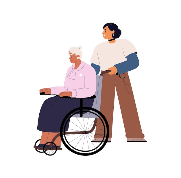Enfermera camina a una persona mayor con discapacidad en silla de ruedas Voluntario se preocupa por una anciana abuela en silda de ruedas Trabajador social ayuda a ayudar a los ancianos Ilustración de vector aislado plano en blanco