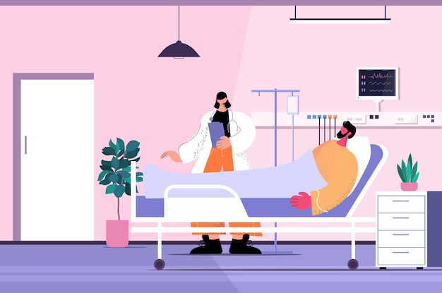 Enfermera cuidando al paciente enfermo acostado en la cama de un hospital concepto de servicio de atención clínica sala interior horizontal ilustración vectorial de longitud completa