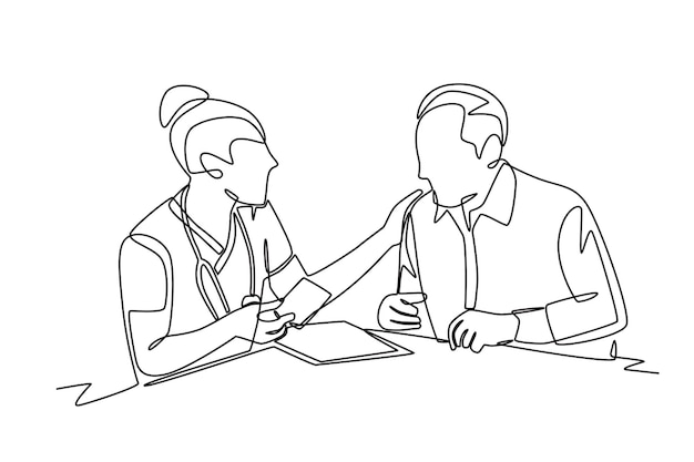 La enfermera explica la medicina al paciente El concepto de la enfermera visitante dibujo en línea