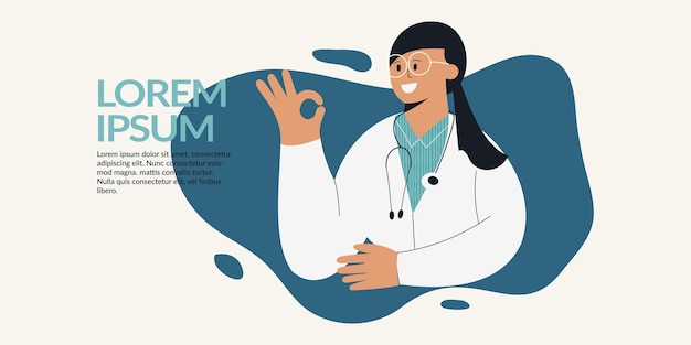 Enfermera feliz o médico con estetoscopio Mostrar signo ok Diseño de plantilla de banner web Día internacional de la enfermera Mujer en uniforme Personaje médico femenino Ilustración de vector de medicina
