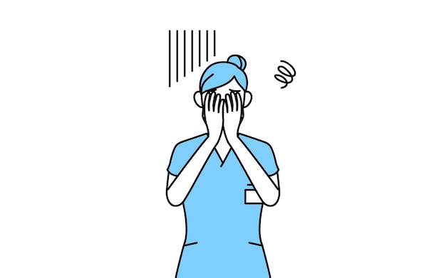 Enfermera fisioterapeuta terapeuta ocupacional terapeuta del habla asistente de enfermería en uniforme que cubre su rostro en depresión