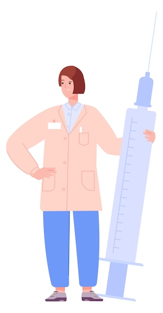 Enfermera con jeringa gigante inyección de inyección médica