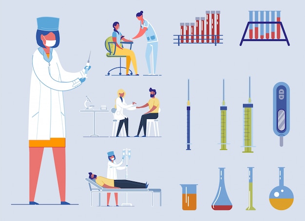 Vector enfermera médica y escenas de tratamiento de atención médica.