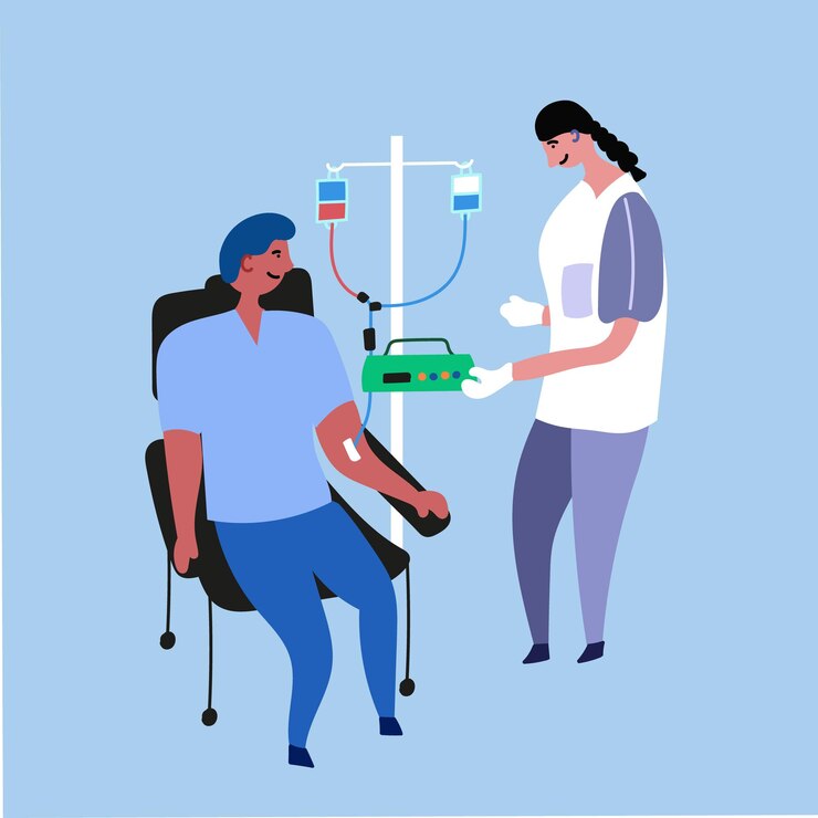 Vector enfermera médico paciente de transfusión de sangre quimioterapia