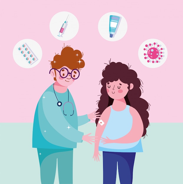 Enfermera y mujer con vendaje de ayuda en el brazo ilustración de vacunación de atención médica