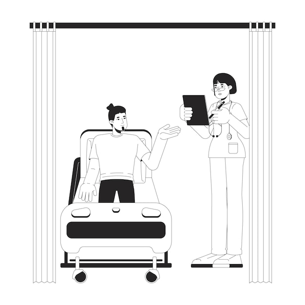 enfermera paciente masculino discusión en la habitación del hospital en blanco y negro 2D caracteres de línea