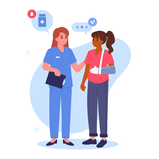 Enfermera con paciente Trabajador médico y paciente con mano enlucida Médica aconsejando al paciente Ilustración de vector plano Cita en sala de emergencias médicas