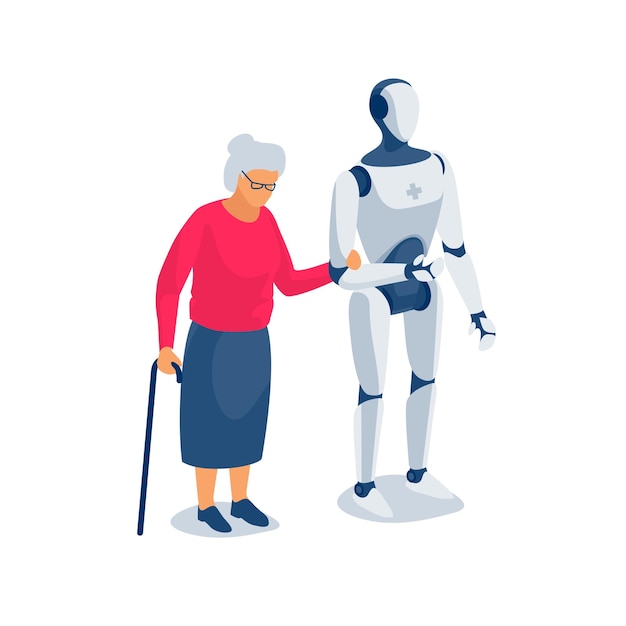 Enfermera robot humanoide que cuida a un jubilado