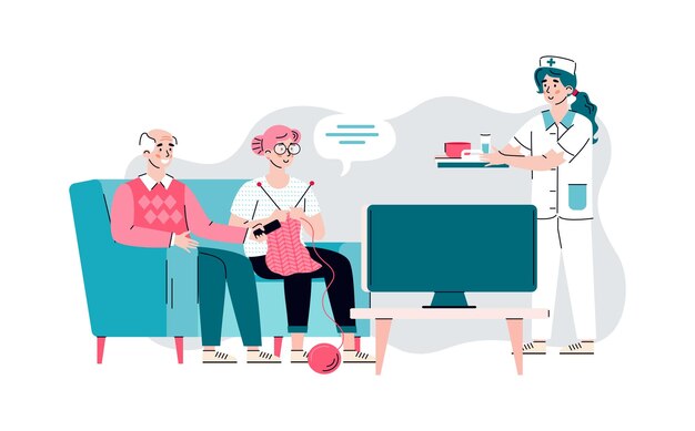 Enfermera sirviendo comida a los residentes de hogares de ancianos ilustración vectorial plana aislada