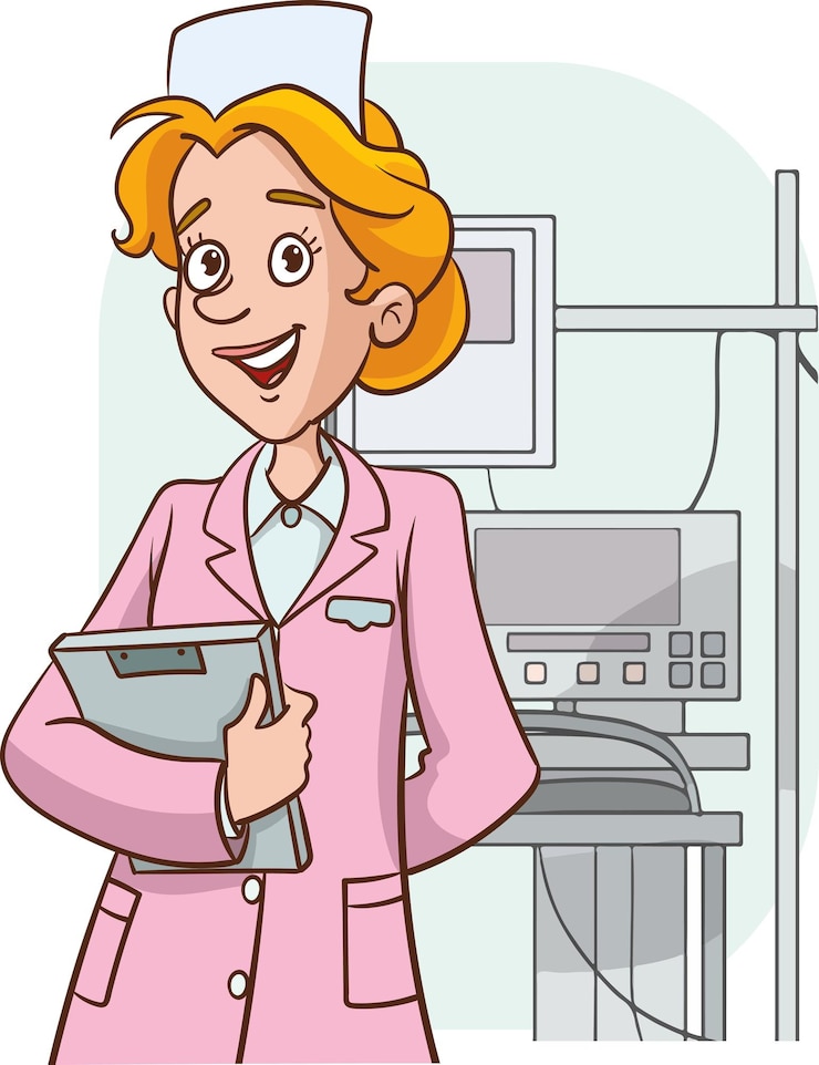 Vector la enfermera sonriente en uniforme médico muestra un buen trato o ofrece una recomendación de médico o médico de cabecera feliz