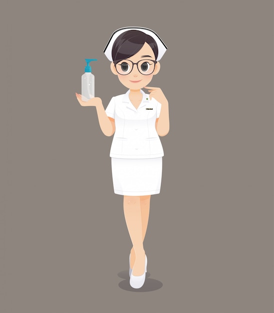 La enfermera sosteniendo gel de lavado de manos. Doctor o enfermera de la mujer de la historieta que lleva los vidrios marrones en un uniforme blanco