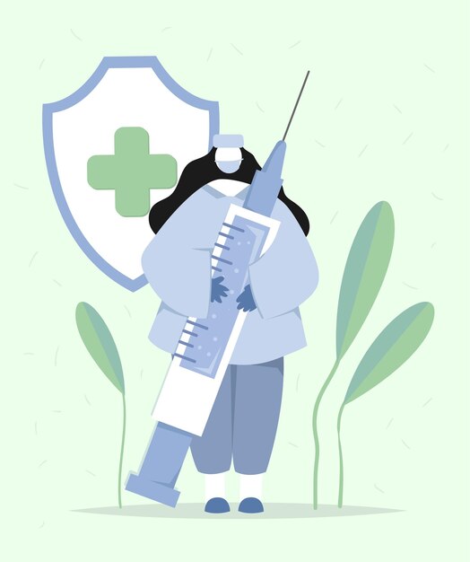 Enfermera sosteniendo jeringa con vacuna Personajes planos del personal médico de pie con jeringa desechable