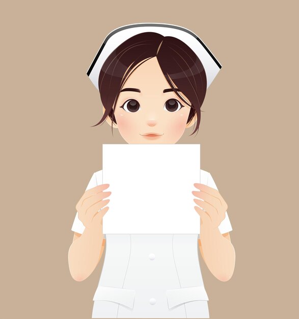 Enfermera sosteniendo una pancarta, aislada sobre un fondo marrón. Ilustración vectorial y diseño de personajes