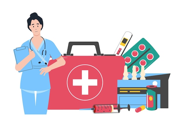 La enfermera sostiene el portapapeles cerca del botiquín de primeros auxilios, la jeringa y el termómetro, las pastillas y los supositorios, los servicios de emergencia, la mejora de la salud, la telemedicina y el concepto de diagnóstico médico. Ilustración vectorial