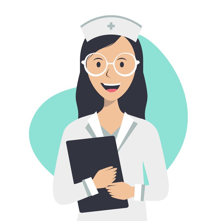 Vector la enfermera tiene un historial médico y sonríe sobre un fondo blanco.
