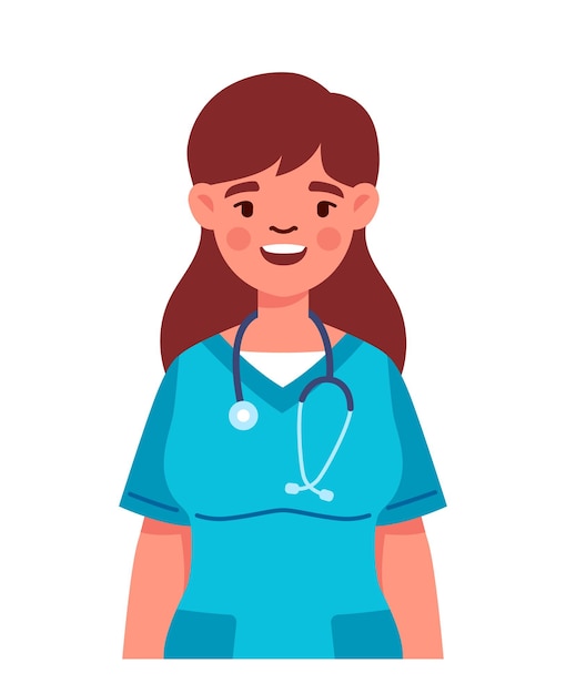 Enfermera en uniforme Mujer en uniforme azul con estetoscopio Doctor feliz sonriendo Estado de ánimo y emociones Plantilla y diseño Dibujo vectorial plano de dibujos animados aislado en fondo blanco