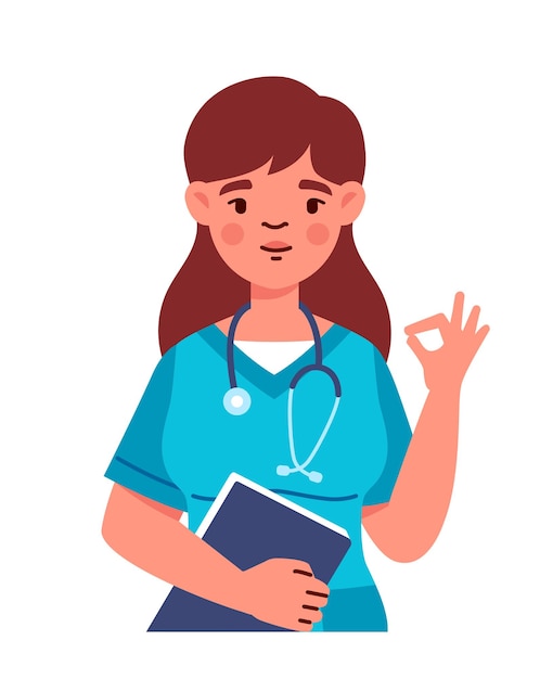 Enfermera en uniforme Mujer en uniforme azul con estetoscopio Doctor muestra gesto bien Elemento gráfico para sitio web Ilustración de vector plano de dibujos animados aislado sobre fondo blanco