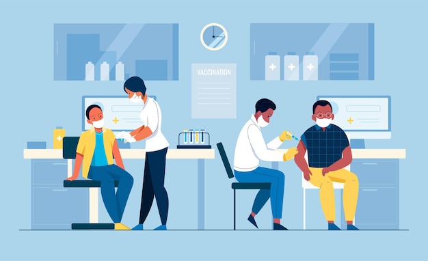 Enfermeras masculinas y femeninas inyectando a las personas durante la vacunación en la ilustración vectorial plana del consultorio médico