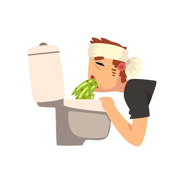 Enfermo vomitando en la ilustración de vector de taza del inodoro