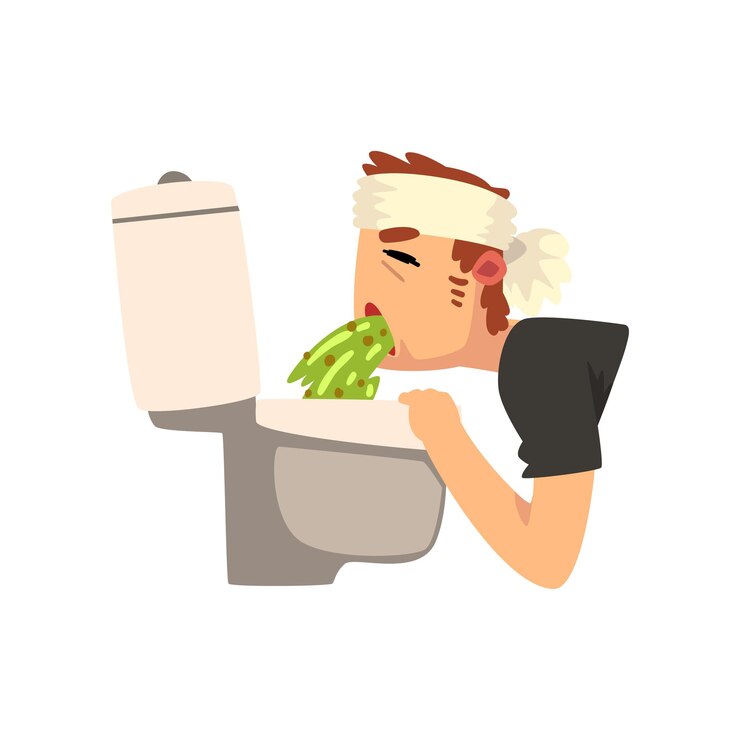 Vector enfermo vomitando en la ilustración de vector de taza del inodoro