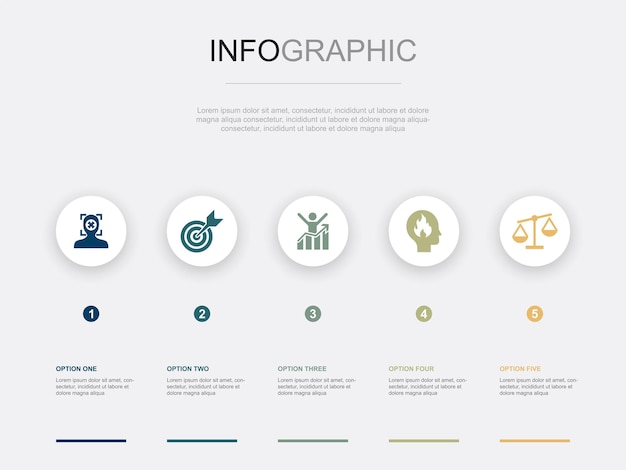 Enfoque objetivo motivación pasión integridad iconos Plantilla de diseño infográfico Concepto creativo con 5 pasos
