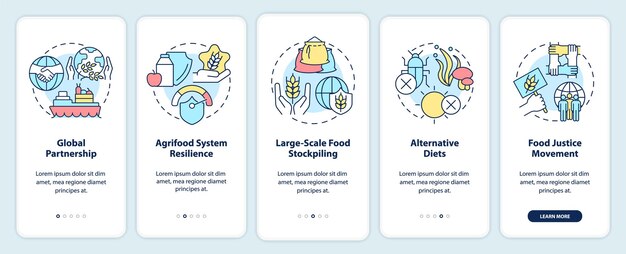 Enfoques de seguridad alimentaria incorporando la pantalla de la aplicación móvil Tutorial 5 pasos páginas de instrucciones gráficas con conceptos lineales UI UX Plantilla de GUI Myriad ProBold Fuentes regulares utilizadas