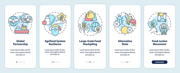 Enfoques de seguridad alimentaria incorporando la pantalla de la aplicación móvil tutorial 5 pasos páginas de instrucciones gráficas con conceptos lineales ui ux plantilla de gui myriad probold fuentes regulares utilizadas
