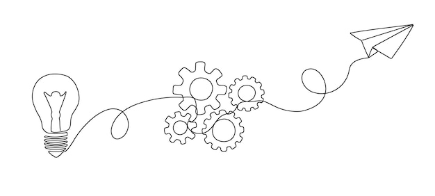 El engranaje de la bombilla y el avión de papel volando en una línea editable continua concepto de trabajo en equipo